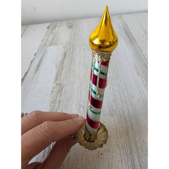 Glass candle clip ornament glitter gold peppermint striped Xmas tree - Picture 2 of 9